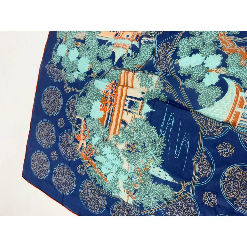 Vintage Silk Scarf Women OS Blue Chinese Garden Pagoda Hand Rolled Chinoiserie